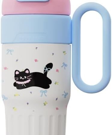 26 Ounce stainless steel insulated tumbler with ceramic coated interior, handle and straw, leak-proof.