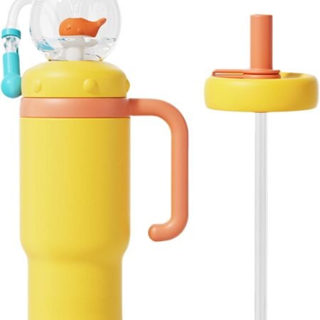 Drinking Cup with Whale Squirt, Stainless Steel Whale Fountain Tumbler, Whales Spray Straw Sippy Cups Water Bottle with Two Lids 24oz for Kids Adult, Yellow