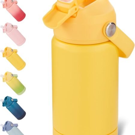 12 oz Water Bottle, Kids Water Bottles for School, Toddler Cup with Straw & Handle, 304 Stainless Steel Insulated Water Bottle, Non-slip Silicone Base, BPA Free, Yellow