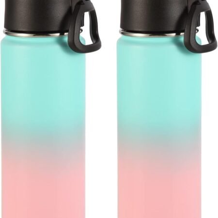 Insulated Water Bottles with Straw Bulk 2 Pack, 22 oz Stainless Steel Sport Bottle with Handle Lid,Metal Travel Water Cups with Wide Mouth,Reusable Water Flask for School(Green Pink,2 Set)