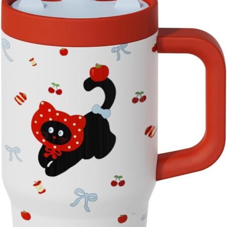 Ceramic coated interior insulated tumbler with handle and straw, leak-proof, easy to clean.