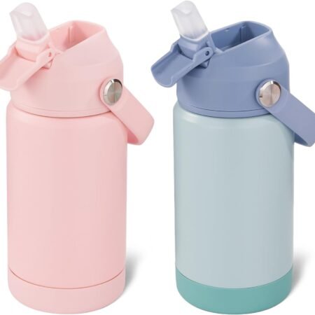 12 oz Water Bottle, 2 pack Kids Water Bottles for School, Toddler Water Bottle with Straw & Handle, 304 Stainless Steel Insulated Water Bottle, Non-slip Silicone Base, BPA Free, Pink+Haze Blue