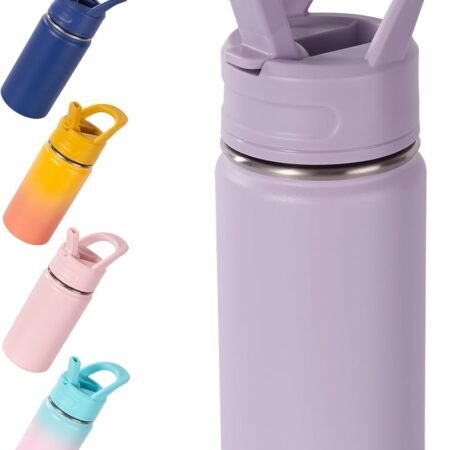 12oz Kids Water Bottle for School, Toddler Bottles with Straws, Stainless Steel Vacuum Insulated Water Bottle for Boys&Girls, Leak-Proof, BPA-Free, Purple