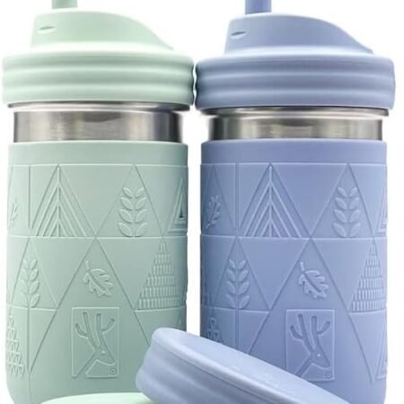 Stainless Steel Cups |14 oz Mason Jar design | Kids & Toddler Cups with Silicone Sleeves & Straws with Stopper | Smoothie Cups | Dishwasher Safe
