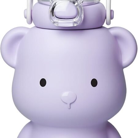 Bear Water Bottle for Girls, 16oz Cute Kawaii Teddy Bear Leak-Proof Stainless Steel Bottle with Straw & Strap, BPA-Free, Durable & Safe Drinking Cup, Gift for Kids & Girls (Purple)