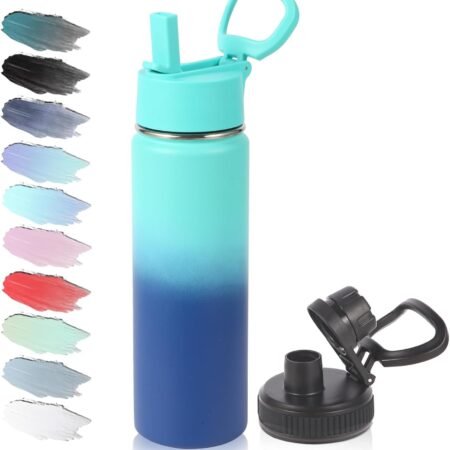 20oz Insulated Stainless Steel Water Bottle with Straw Lid,Kids Wide Mouth Double Wall Vacuum Cups with Handle,Reusable Outdoor Sports Metal Bottles,Travel Flask Keep Cold(Green Blue,1)