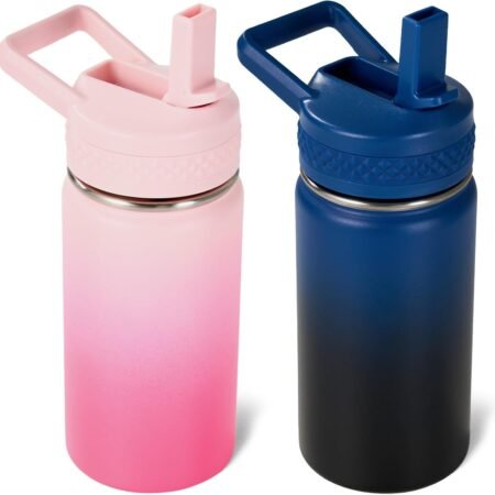 12 oz Toddler Bottle, Kids Water Bottle for School Boys&Girls with Straws Lids, 304 Stainless Steel Vacuum Insulated Thermos, BPA-Free, Blue Black + Cherry Blossom