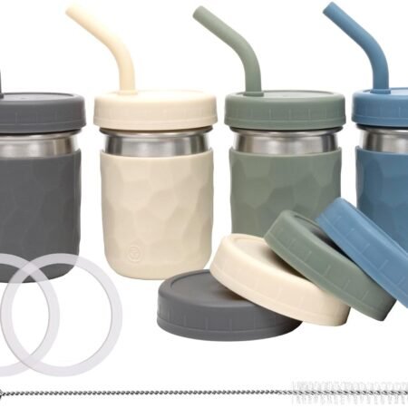 2-in-1 Drinking Cups for Kids, Durable Stainless Steel Tumbler for Smoothies, Silicone Straws with Stoppers, Premium Plastic Twist Lids, Easy-Grip Sleeves, Set of 4 Dishwasher Safe Kid Cups