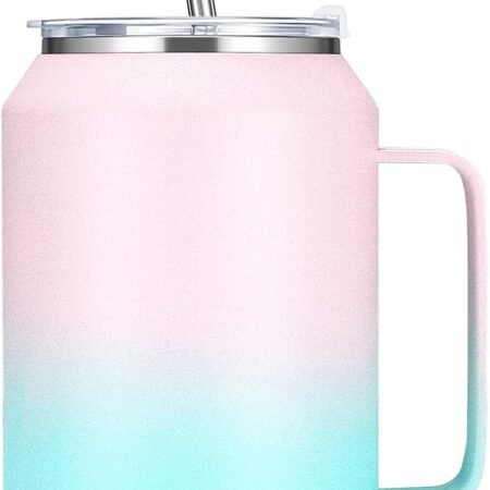 Insulated tumbler – Stainless steel vacuum insulated cup with handle, lid, and straw.