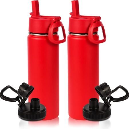20oz Insulated Stainless Steel Water Bottle With Straw Lid Bulk 2 Pack,Kids Double Wall Vacuum Cups With Handle,Reusable Outdoor Sports Camping Metal Bottles,Travel Flask Keep Cold(Red,2)
