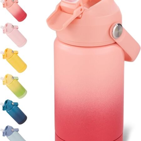 12 oz Water Bottle, Kids Water Bottles for School, Toddler Cup with Straw & Handle, 304 Stainless Steel Insulated Water Bottle, Non-slip Silicone Base, BPA Free, Gradient Red