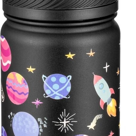 14 Oz Kids Insulated Water Bottle with Straw - Stainless Steel Double Wall Vacuum Cup, Leakproof, BPA Free, Suitable for Boys and Girls(Black - Solar System)