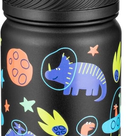 14 Oz Kids Insulated Water Bottle with Straw - Stainless Steel Double Wall Vacuum Cup, Leakproof, BPA Free, Suitable for Boys and Girls(Black - Space Dinasour)
