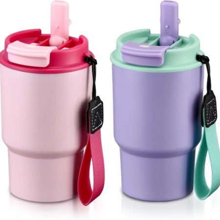 13.5oz Kids Insulated Tumbler with Lid and Straw, BPA-Free Stainless Steel Kids Water Bottle, Leak-Proof& Cupholder Friendly Tumbler for Boys & Girls -2 Pack(Pink+Purple)