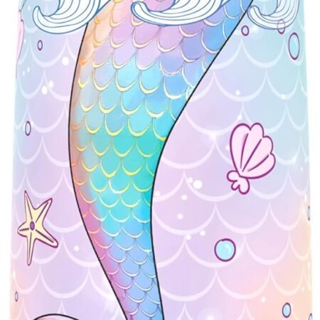Girls Insulated Water Bottle with Covered Pop-Up Straw,16 oz Kids Cups with Stainless Steel Leak Proof for School Pink（Mermaid）