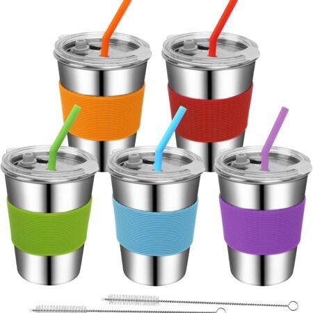 Toddler Cups with Straws, 18/8 Stainless Steel Children Smoothie Drinking Sippy Cups, Stacking & Reusable Kids Cups with Straws and Lids, 5 Pack, 12oz