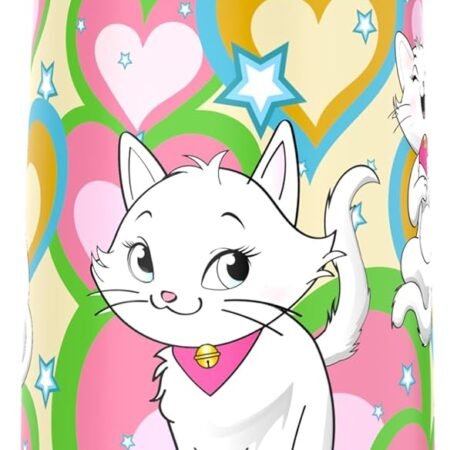 Girls Insulated Water Bottle with Covered Pop-Up Straw,16 oz Kids Cups with Stainless Steel Leak Proof for School Pink（Cat）